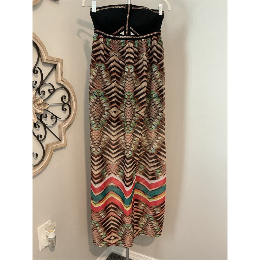 Love Fire Shelf Strapless Black Multi Festival Maxi Dress Sz S